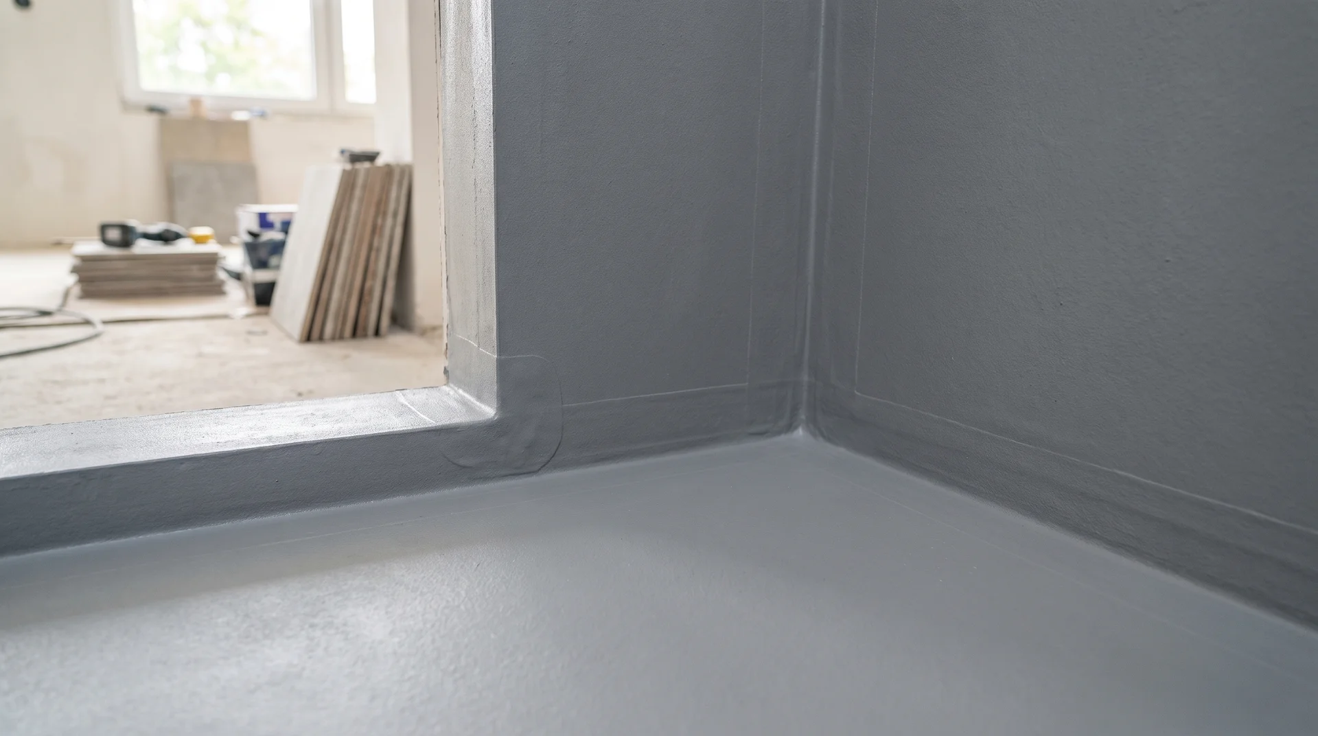 Grå tätskiktsmembran applicerat på vägg och golv i badrum under renovering.