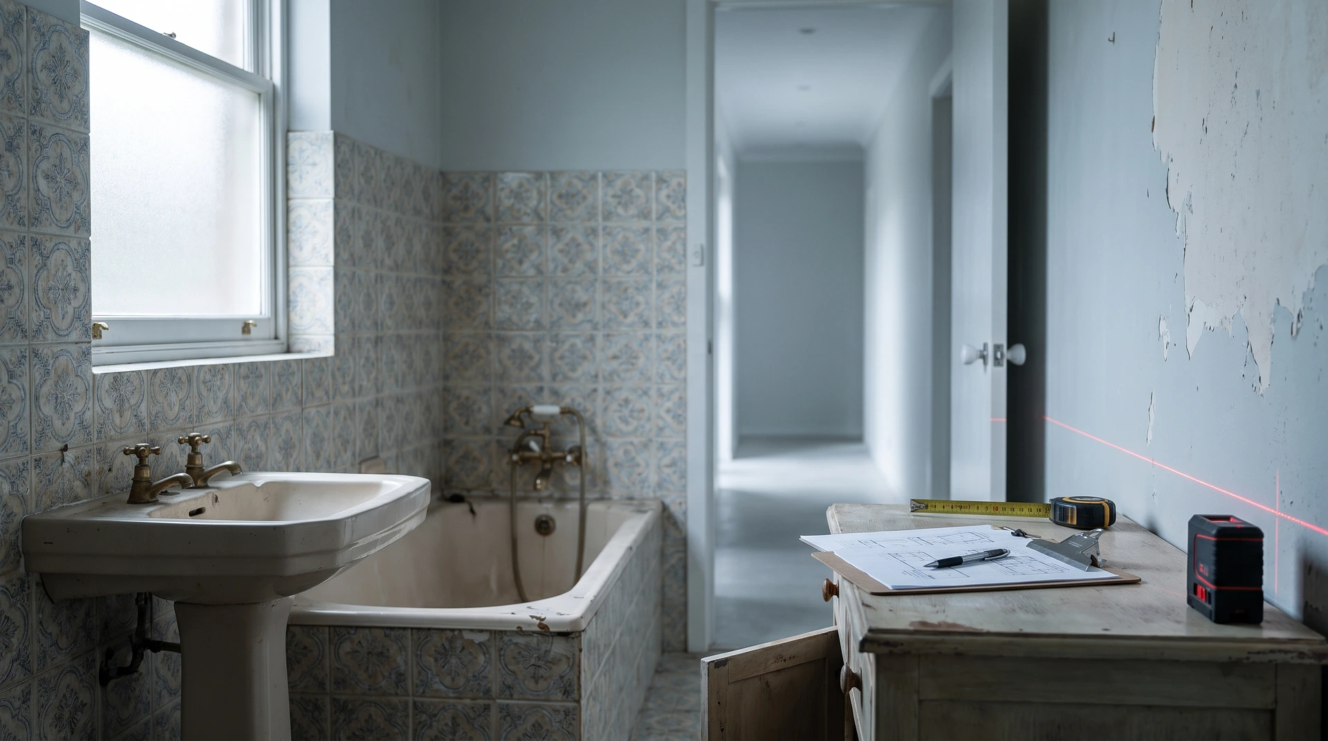 Gammalt badrum under renovering med handfat, badkar och mätverktyg.