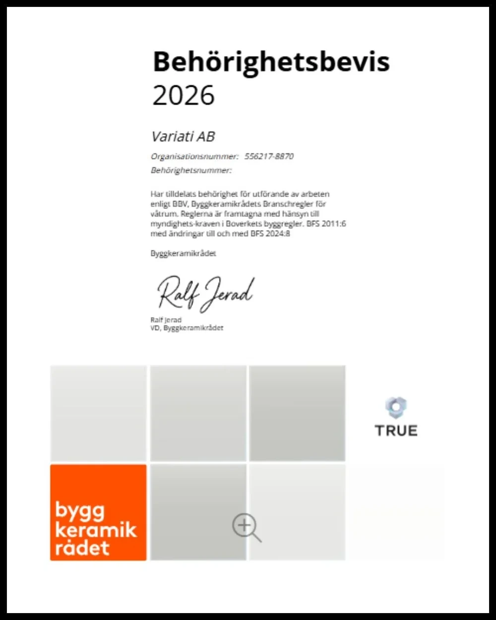 Behörighetsbevis 2026 för Variati AB, utfärdat av Byggkeramikrådet enligt BBV