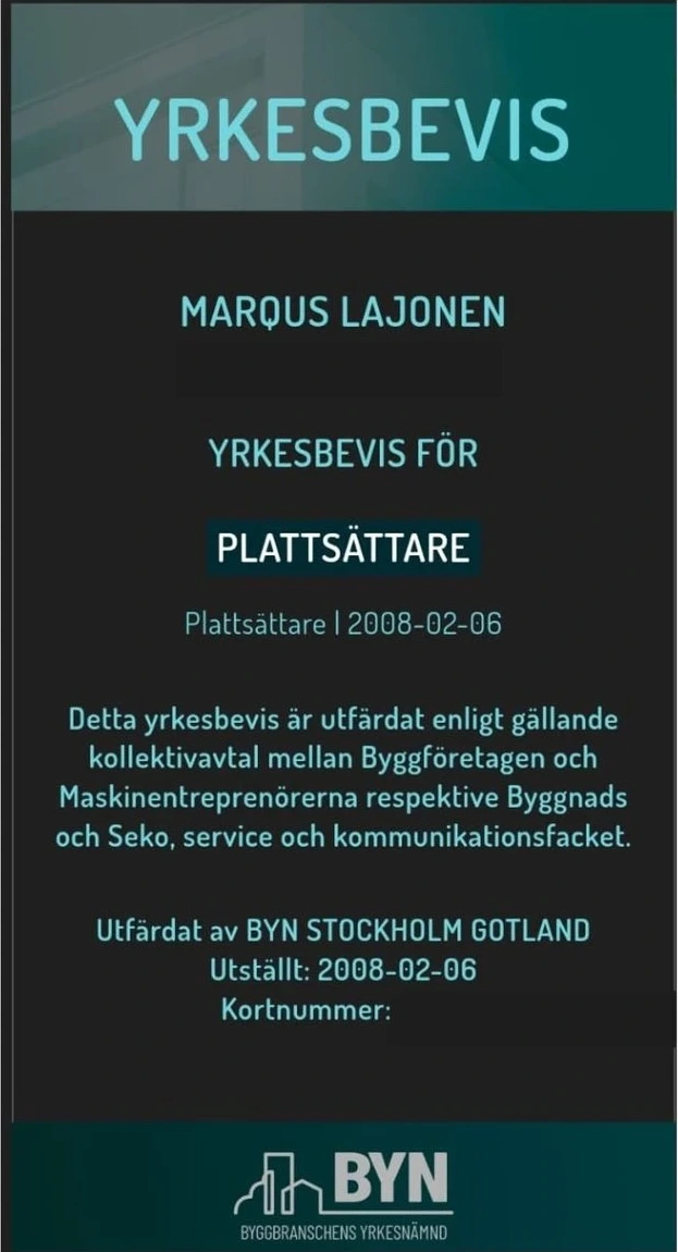 Yrkesbevis för plattsättare, Marqus Lajonen, utfärdat av BYN Stockholm Gotland 2008